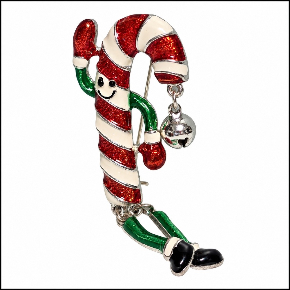 Vintage Christmas Candy Cane Man Brooch Dangle Bell Articulated Legs Glitter Pin
